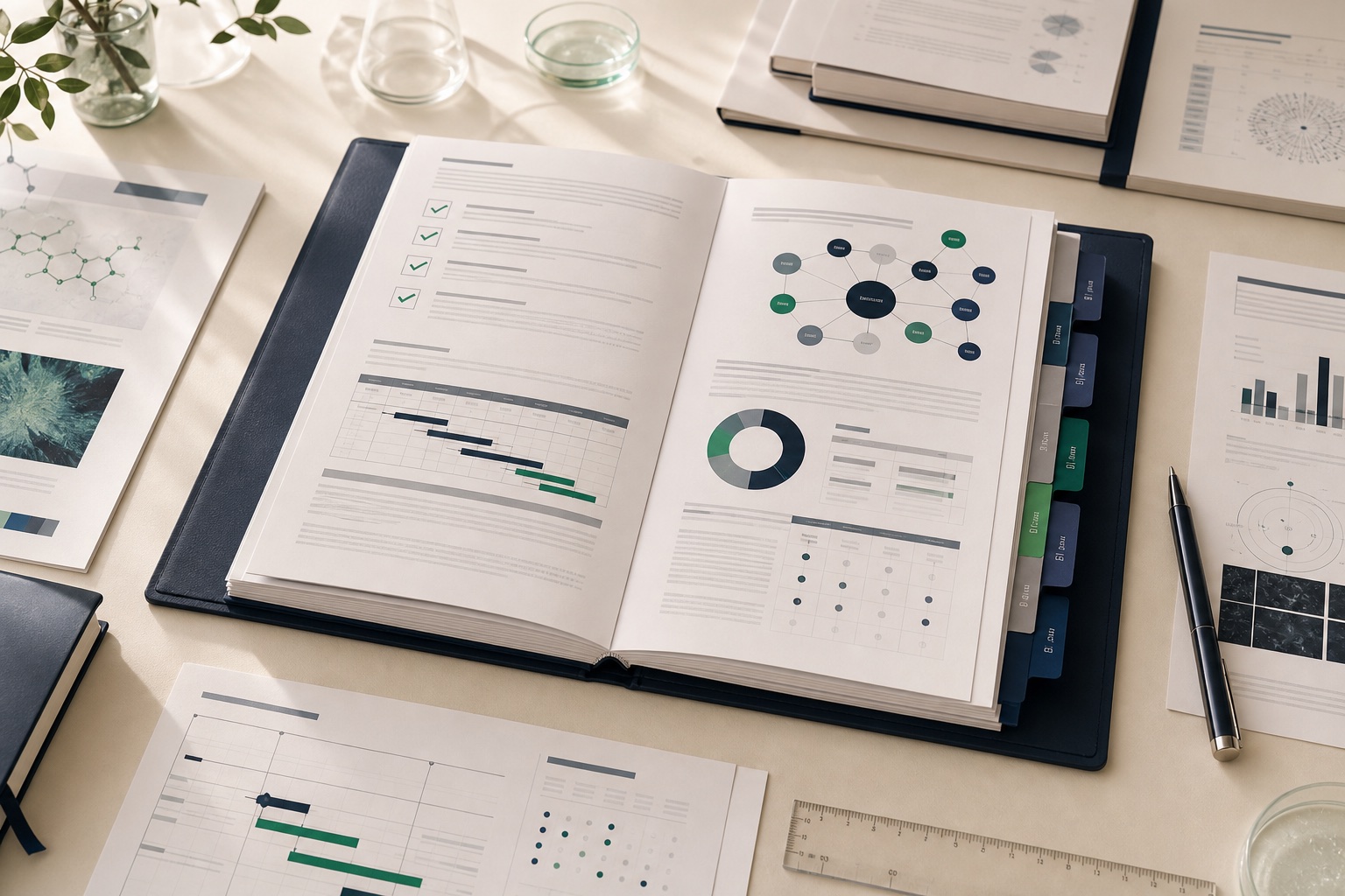Scientific funding proposal dossier with evaluation checklist, work plan, consortium map and budget charts