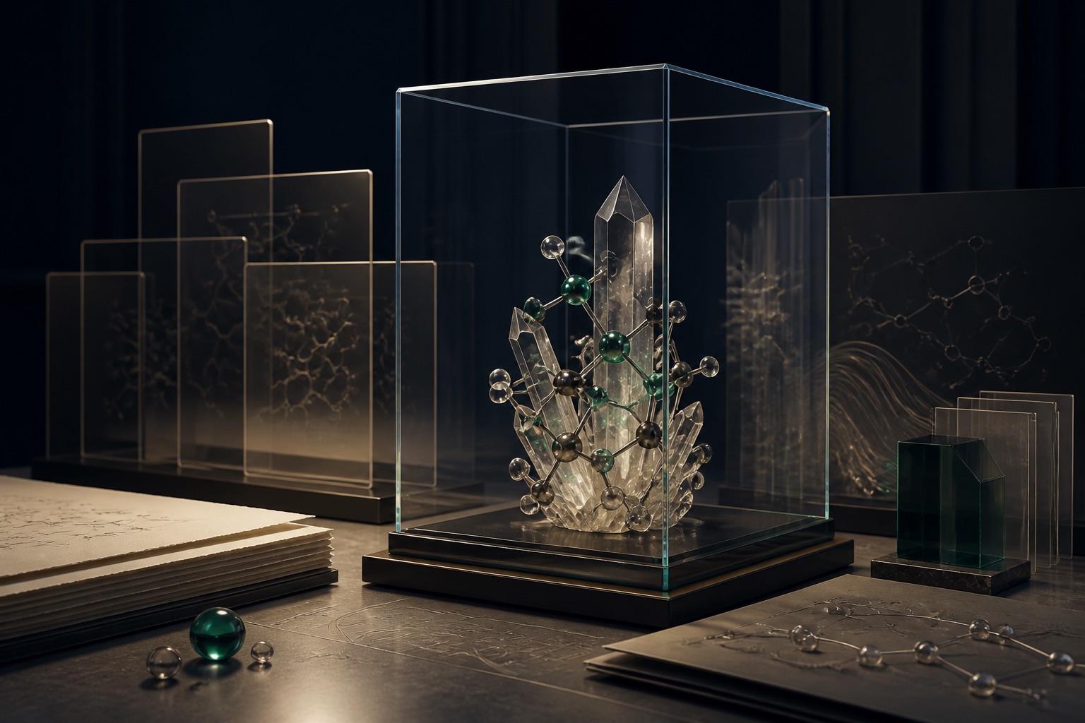Crystalline molecular invention protected within a transparent scientific enclosure
