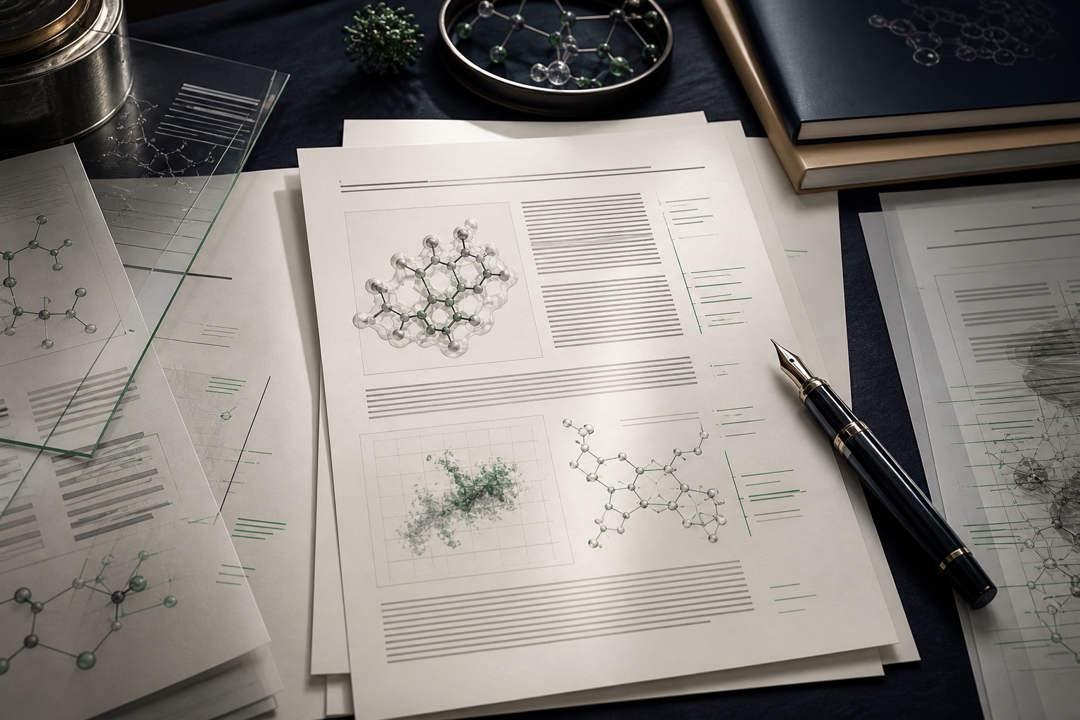 Scientific manuscript with molecular figures, editorial layers and a precision writing instrument